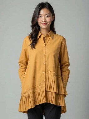 Women's Mustard Pleated Hem Button-Up Blouse